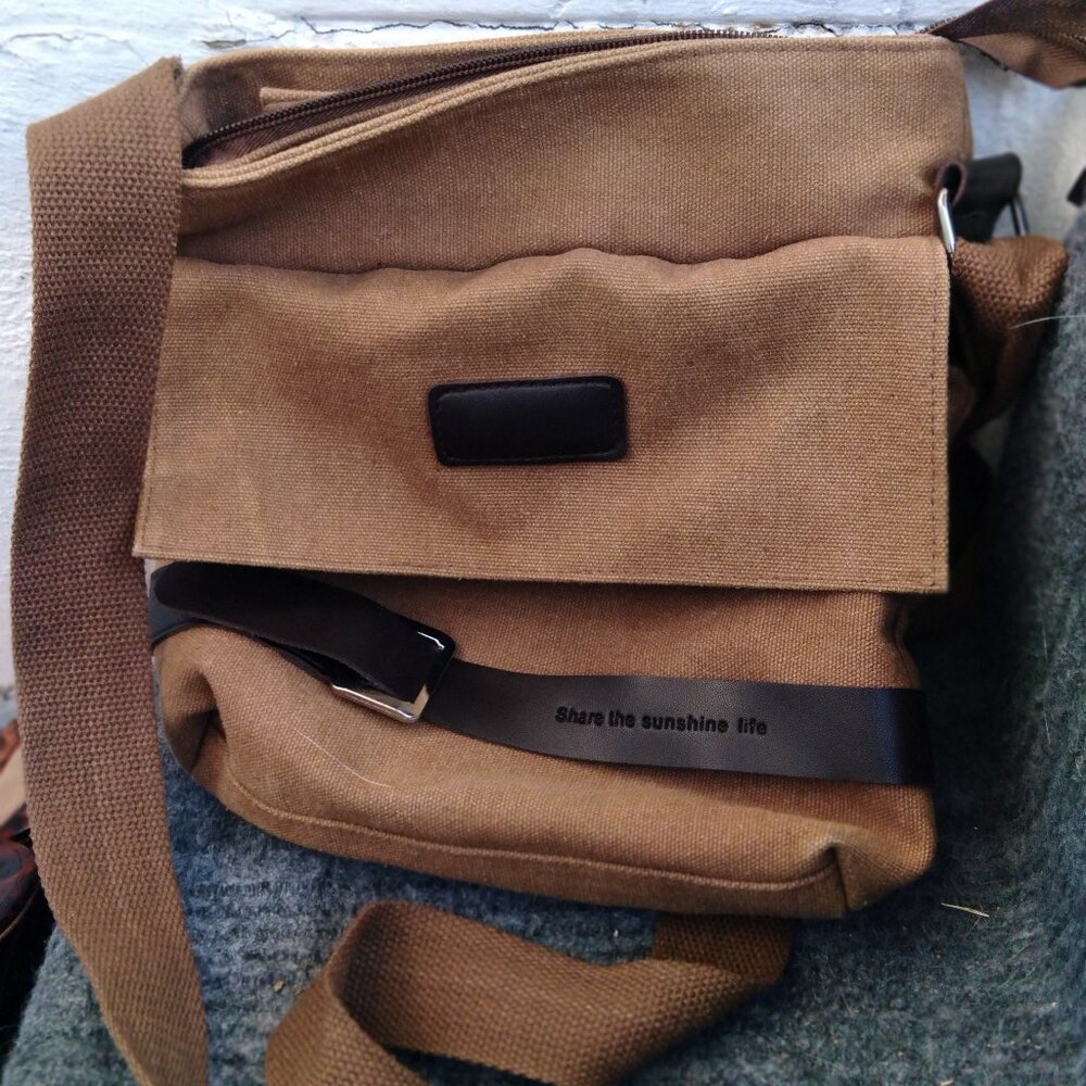 BROWN CANVAS CROSSBODY SMALL HANDBAG 6 POCKETS LINED